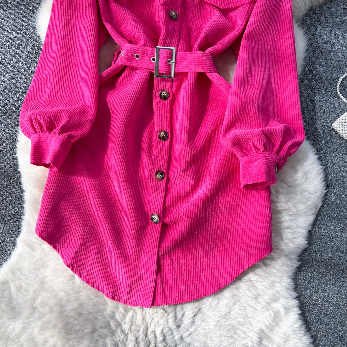 Lapel Single-breasted Corduroy Shirt Dress