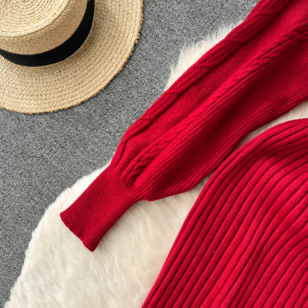 Vintage V-neck Waist-slimming Knitted Dress