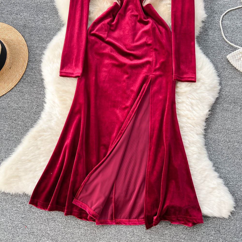 V-neck Backless Mesh Patchwork Velvet Dress