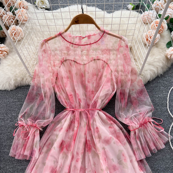 Niche See-through Mesh Floral Dress
