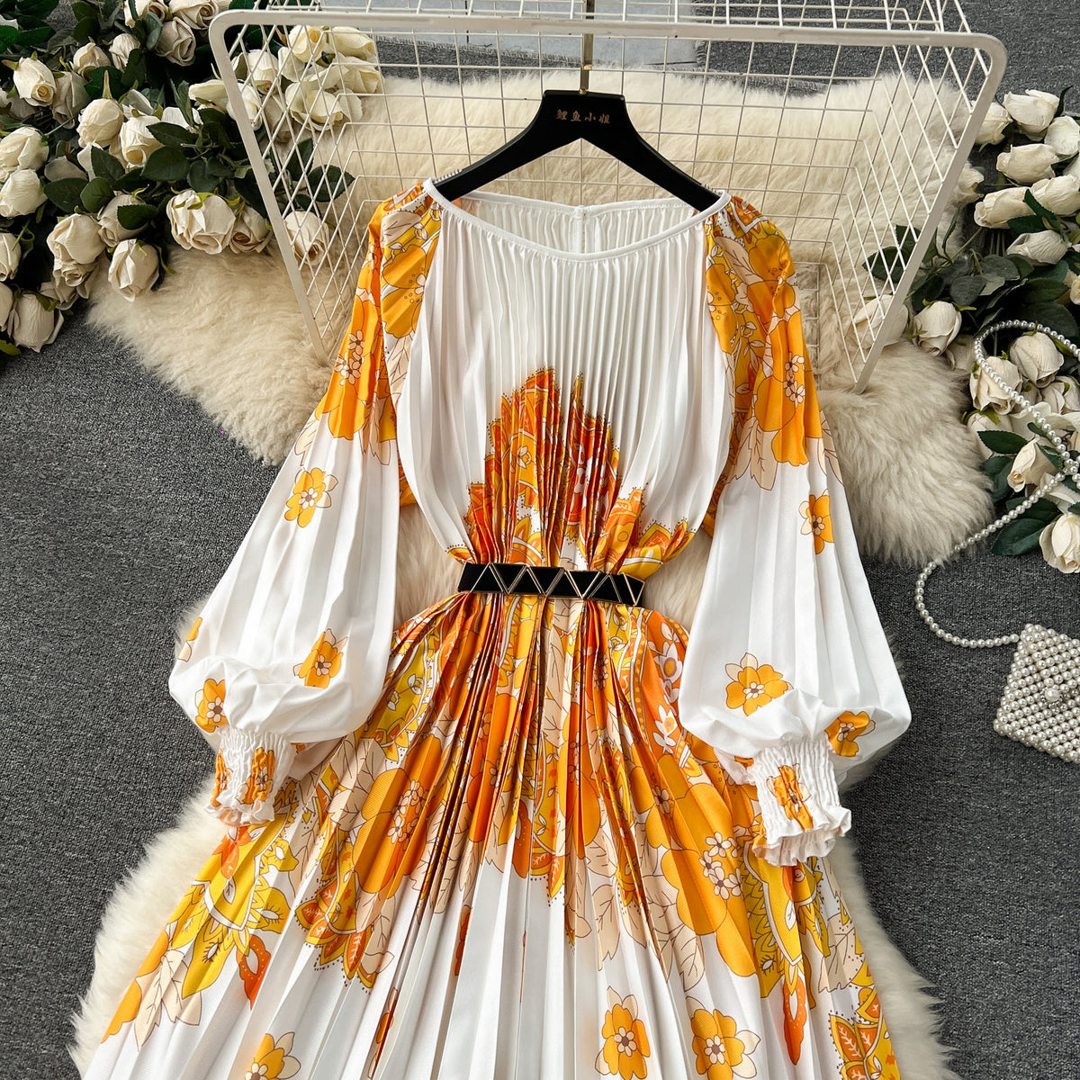 Floral Printed High-waist Pleated Dress