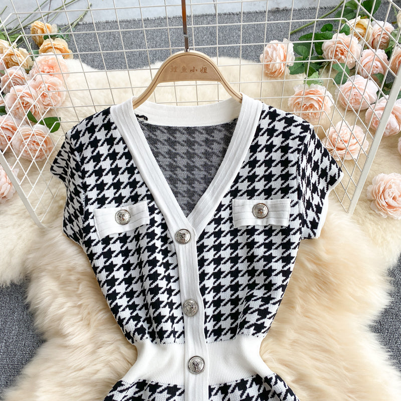 Single Breasted Houndstooth Knitted Dress