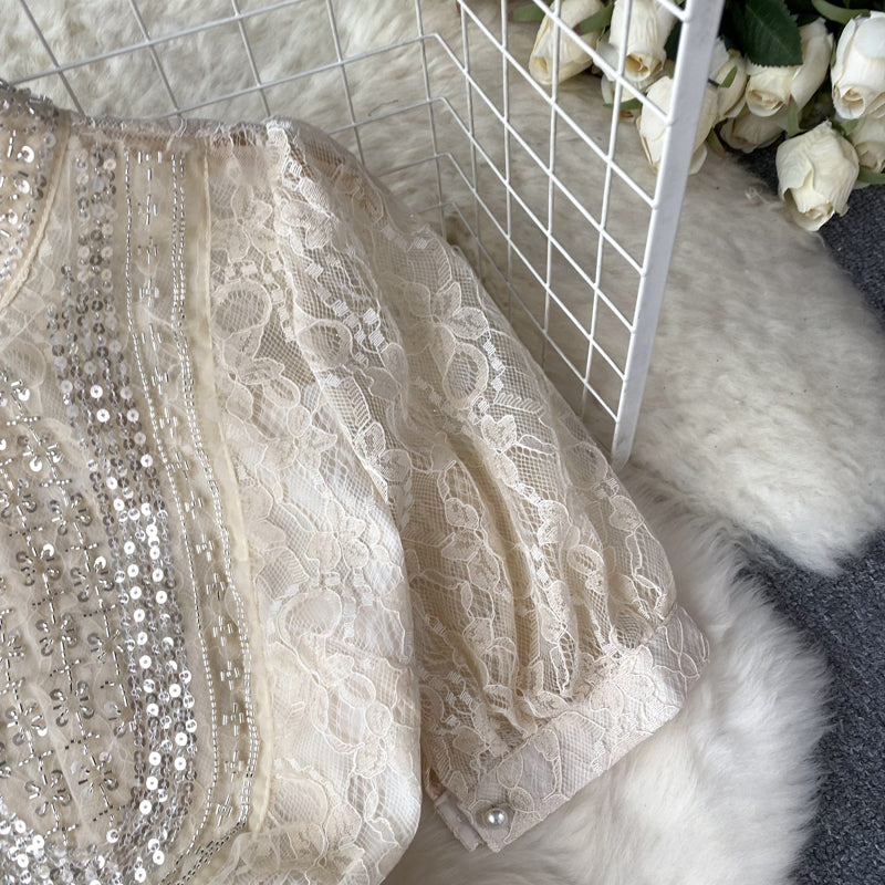 Elegant Lace Patchwork Beaded Dress