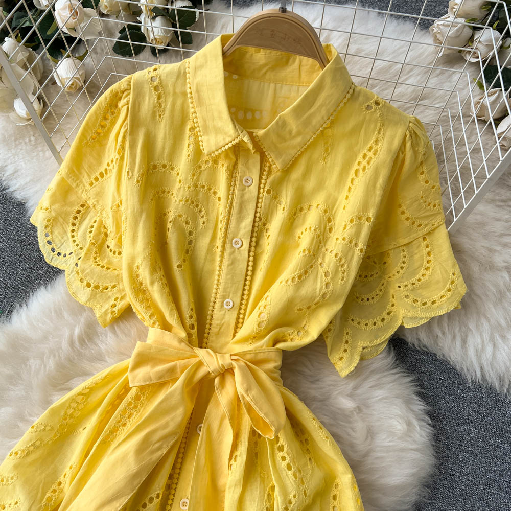 Lapeled Puff Sleeve Hollowed Dress