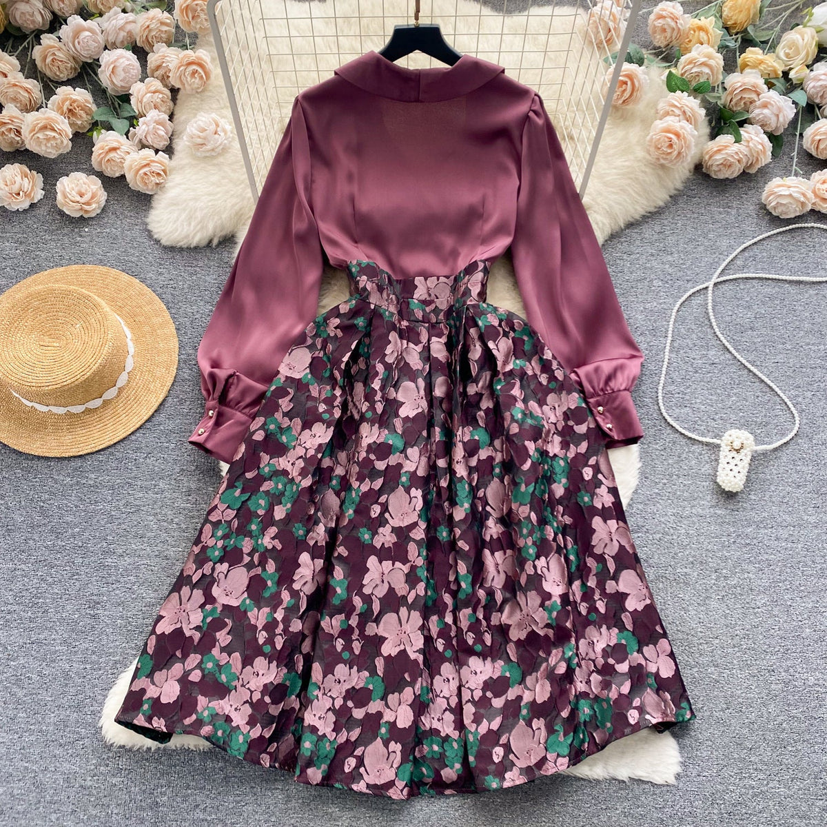 Courtly Satin Patchwork Floral Dress