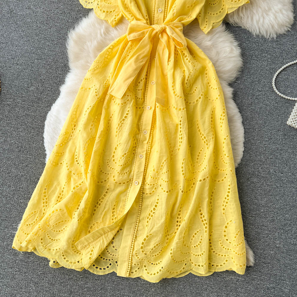 Lapeled Puff Sleeve Hollowed Dress