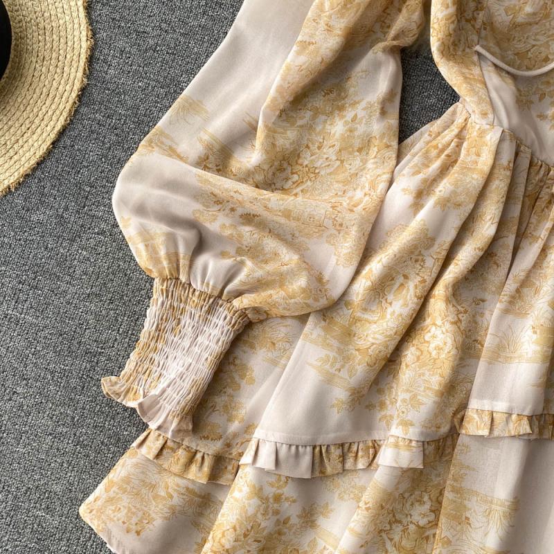 High-end Square Collar Lace-up Floral Dress