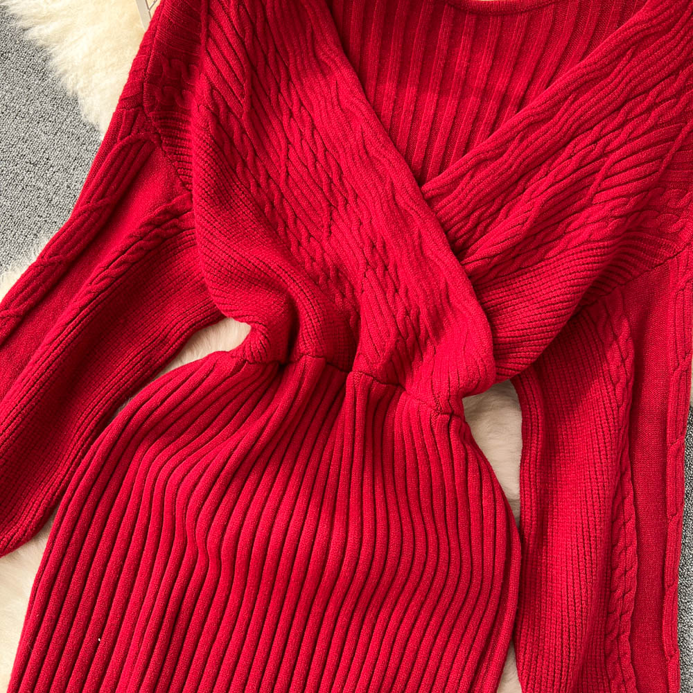 Vintage V-neck Waist-slimming Knitted Dress