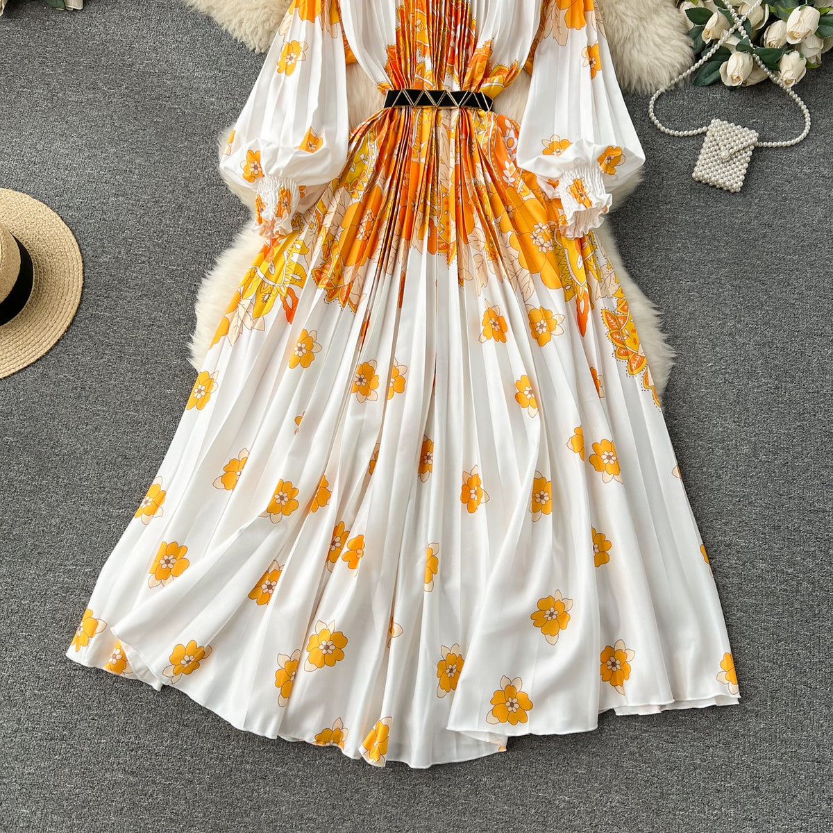 Floral Printed High-waist Pleated Dress