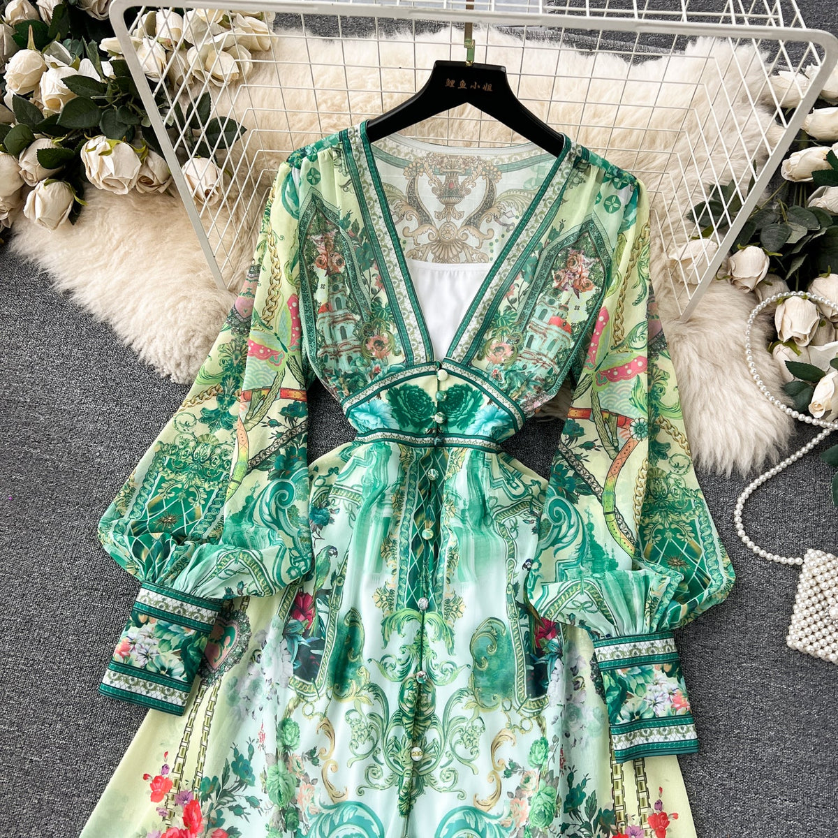 Deep V-neck Puffy Sleeve Floral Dress