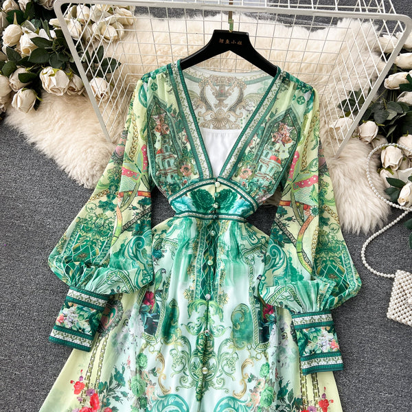 Deep V-neck Puffy Sleeve Floral Dress