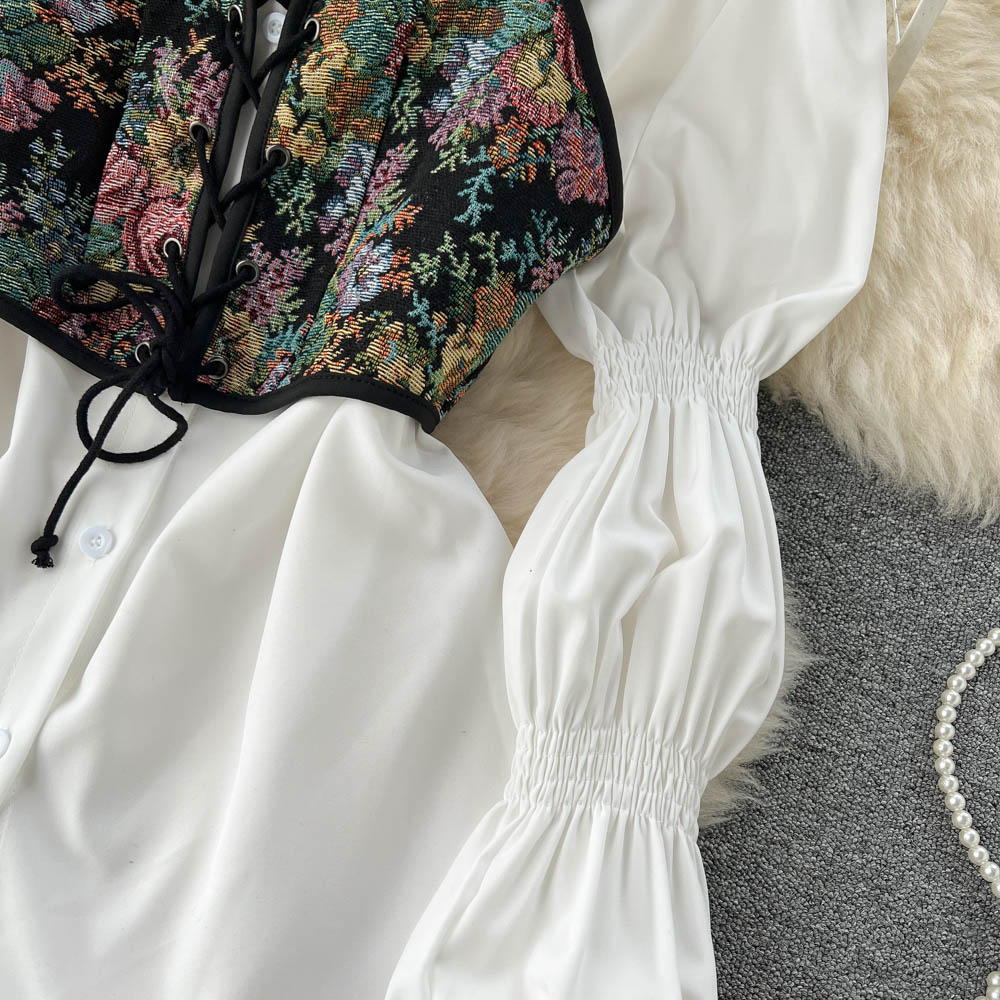 White Shirt Dress&Floral Camisole 2PCs