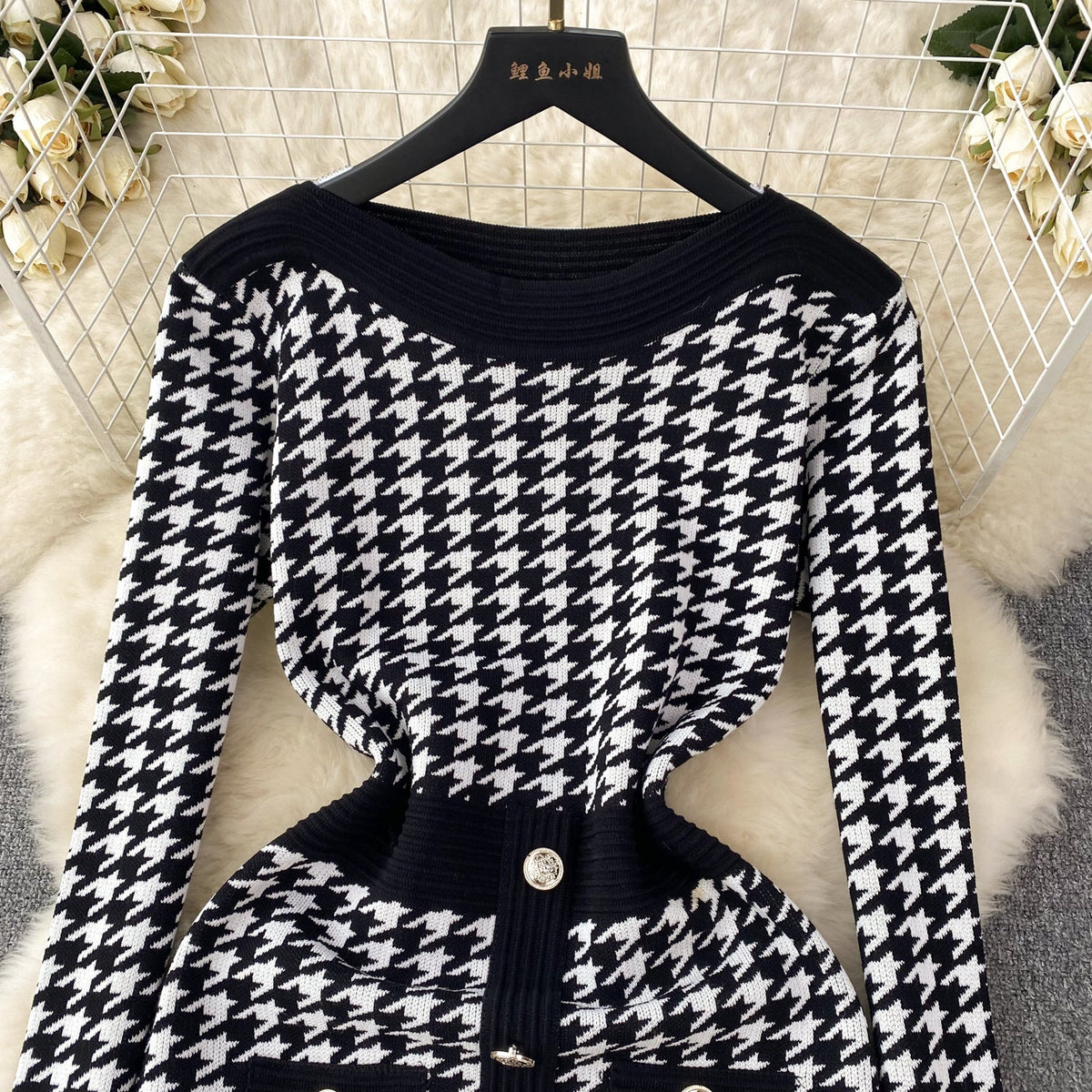 Premium Houndstooth Patchwork Knitted Dress