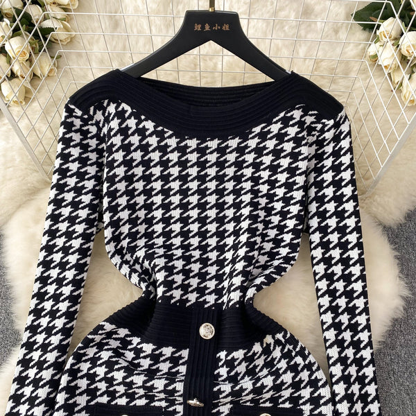 Premium Houndstooth Patchwork Knitted Dress