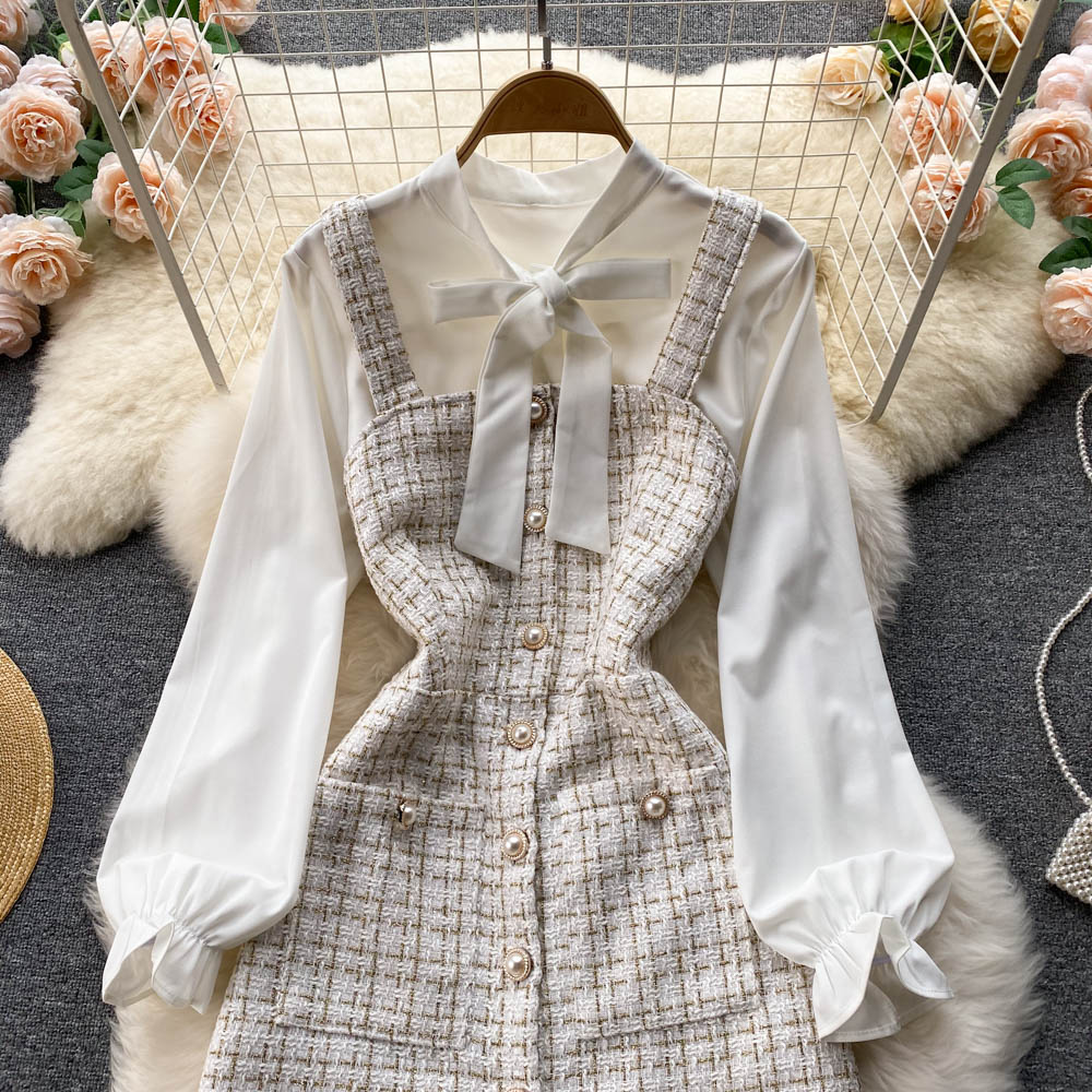 Bow-tie Tweed White Shirt&Plaid Dress