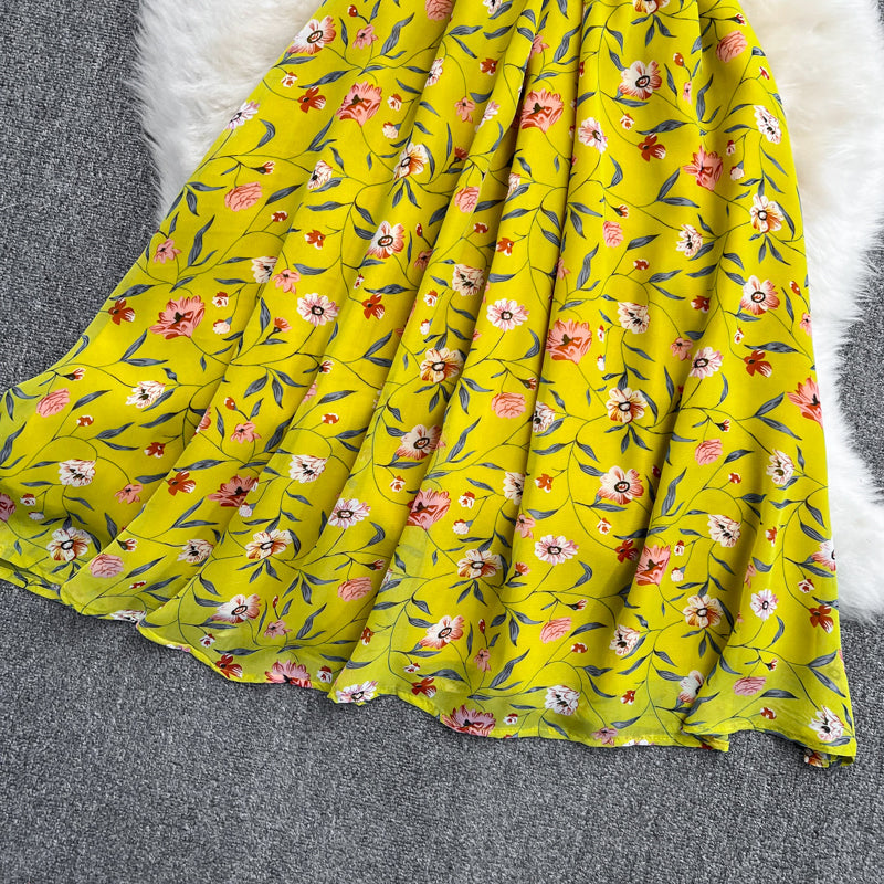 Waist-slimming V-neck Floral Chiffon Dress