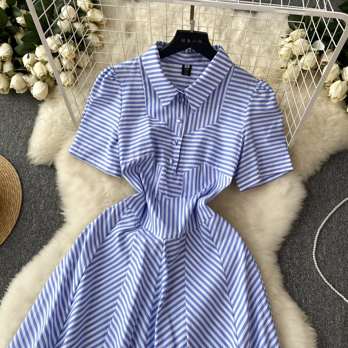 Lapeled Puffy Sleeve Striped Dress