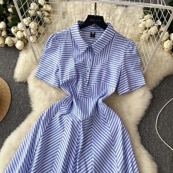 Lapeled Puffy Sleeve Striped Dress