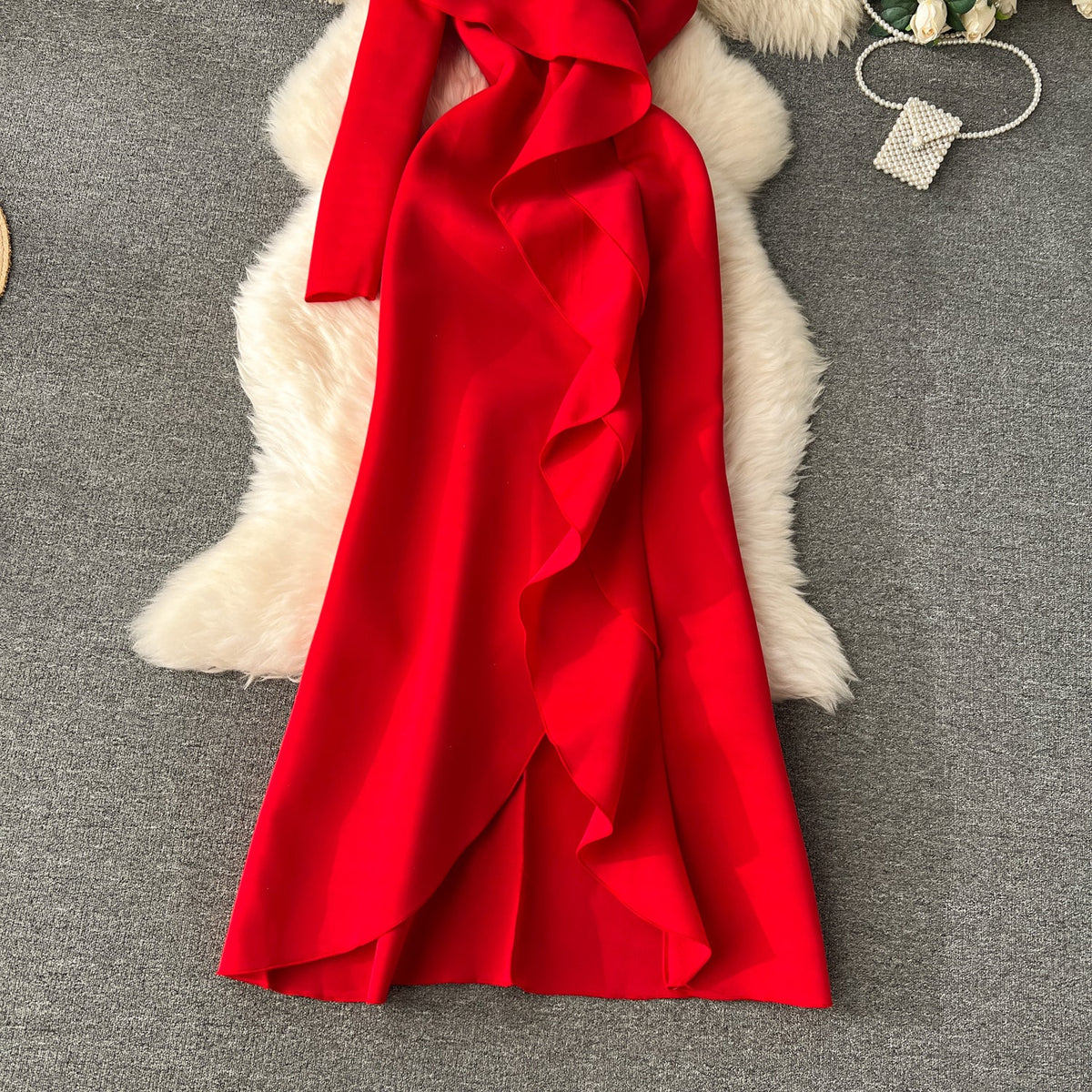 Double Ruffles Solid Color Party Dress