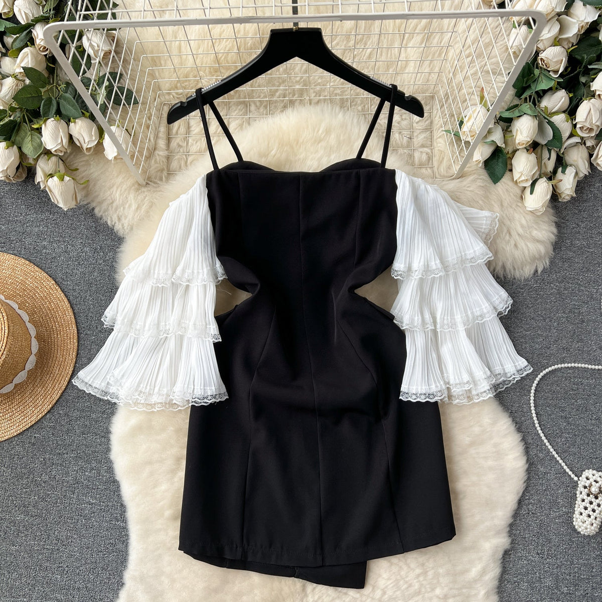Layered Sleeves Patchwork Black Dress