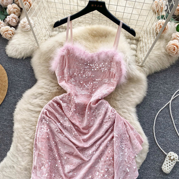 Furry Neckline Sequined Slip Dress