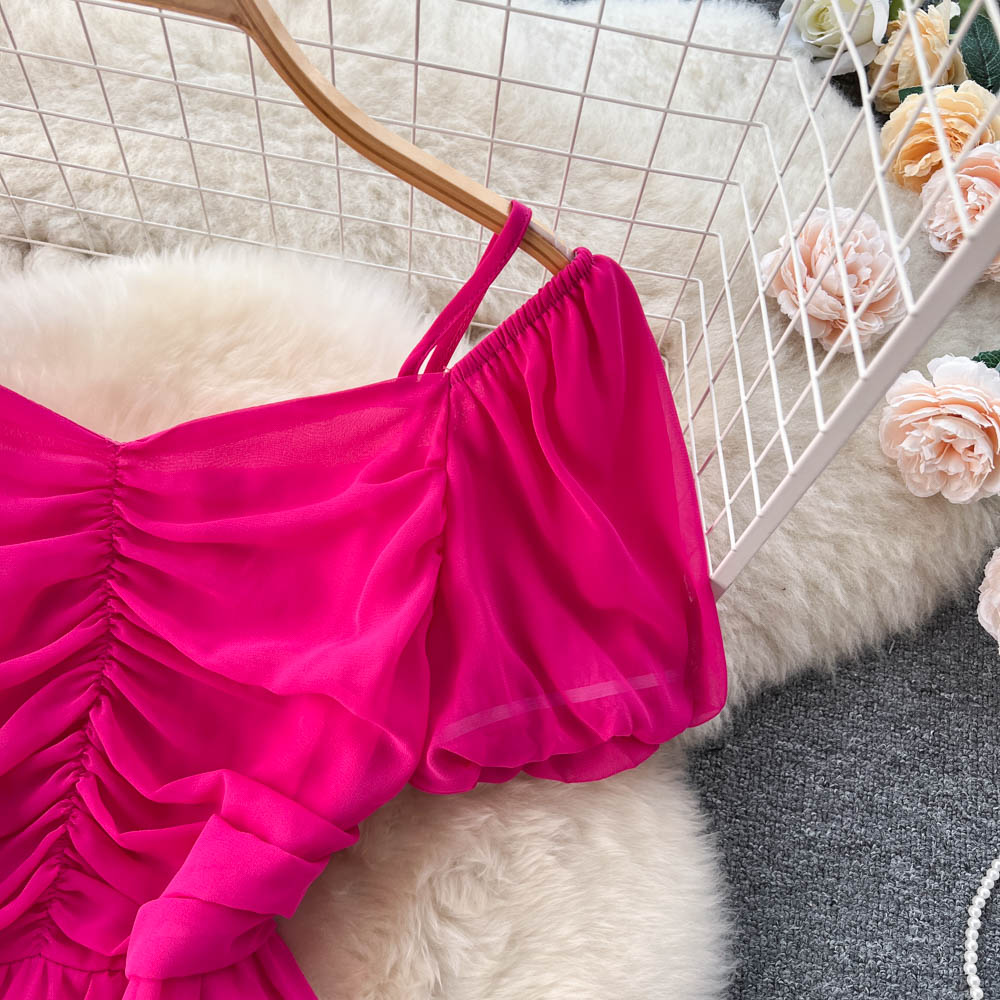 Bubble Sleeve Square Collar Chiffon Dress