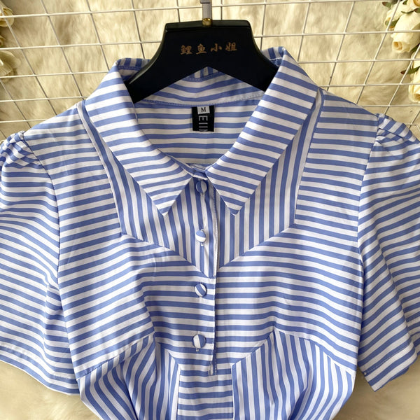 Lapeled Puffy Sleeve Striped Dress