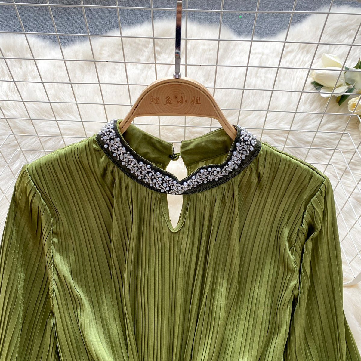 Stand Collar Beaded Stain Dress