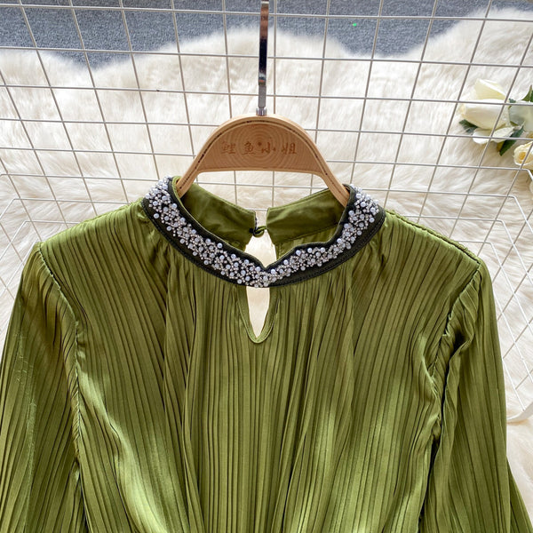 Stand Collar Beaded Stain Dress