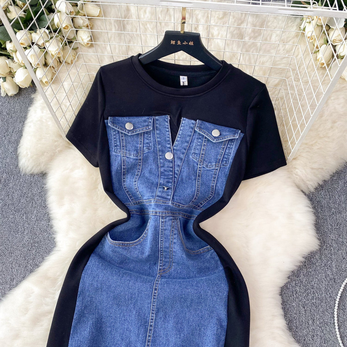 Round Collar Denim Patchwork Midi Dress