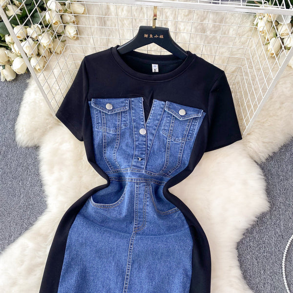Round Collar Denim Patchwork Midi Dress