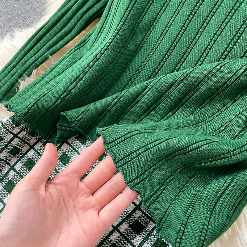 Knitted Cardigan&Plaid Dress 2Pcs
