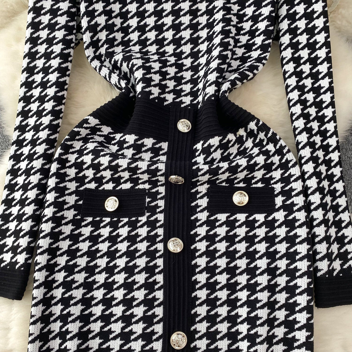 Premium Houndstooth Patchwork Knitted Dress