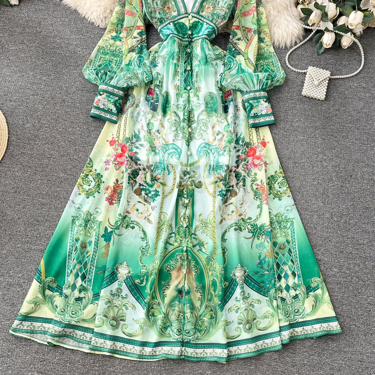 Deep V-neck Puffy Sleeve Floral Dress