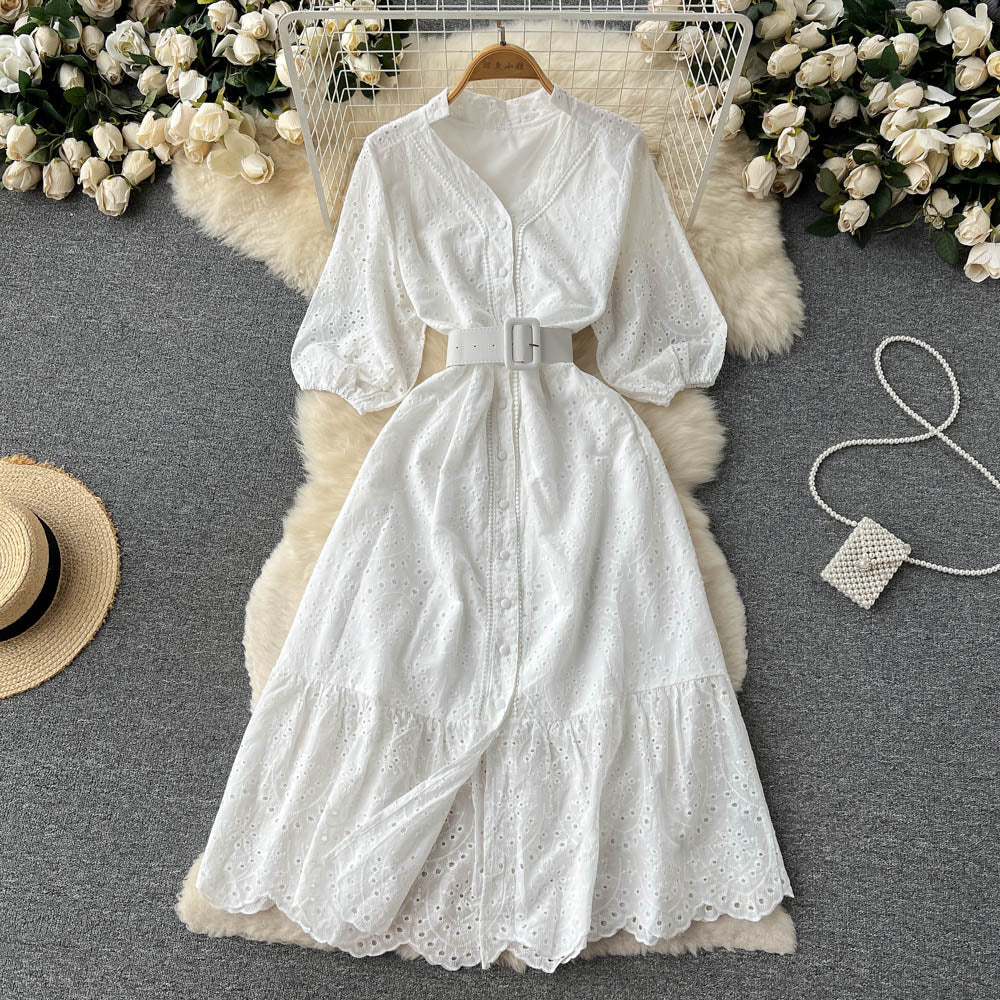 Frock With Hollow V-neck And Bubble Sleeves