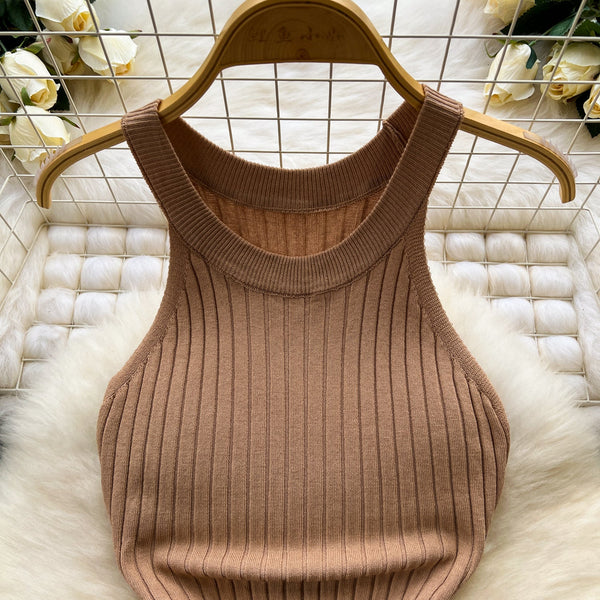 Elastic Solid Color Knitted Halter Dress