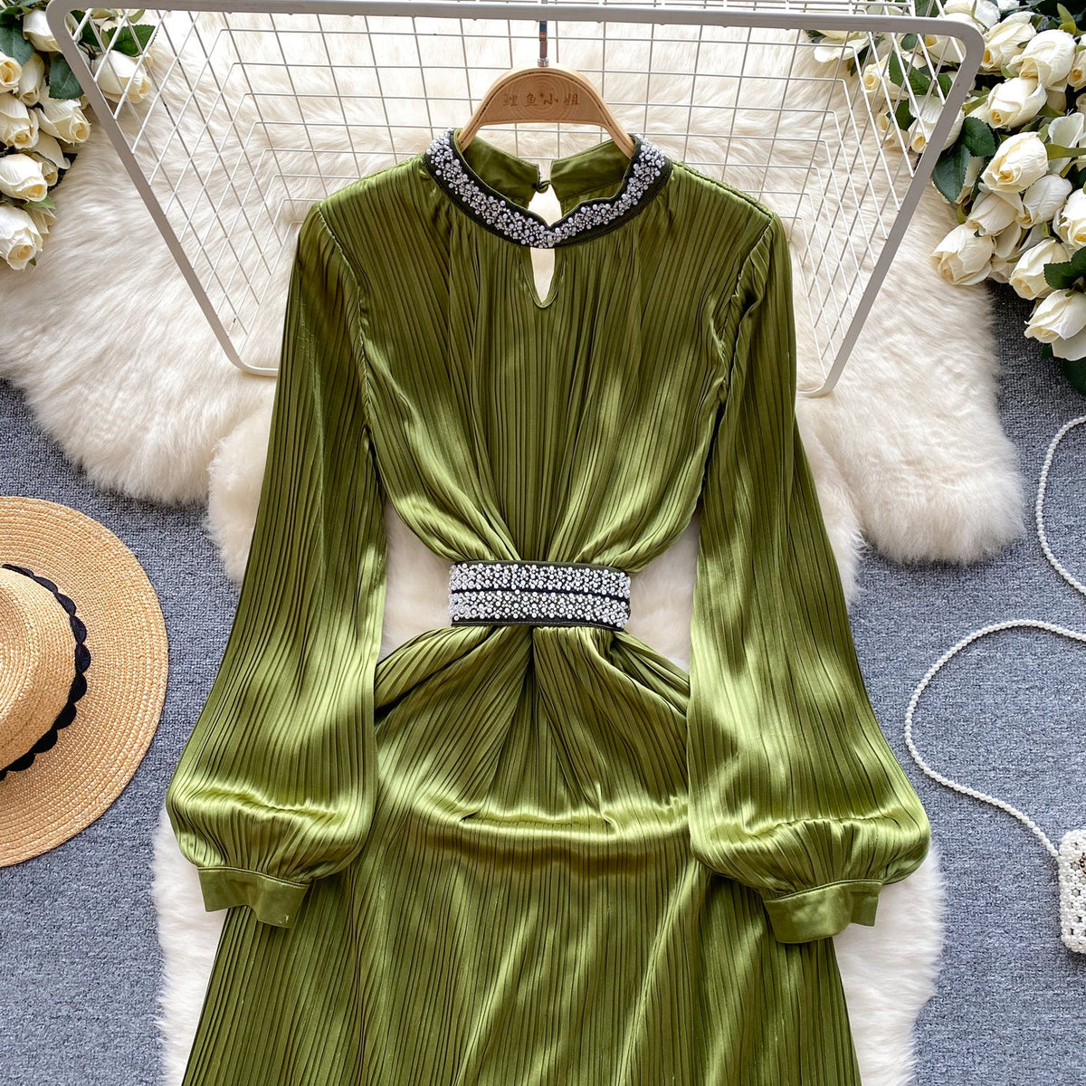 Stand Collar Beaded Stain Dress