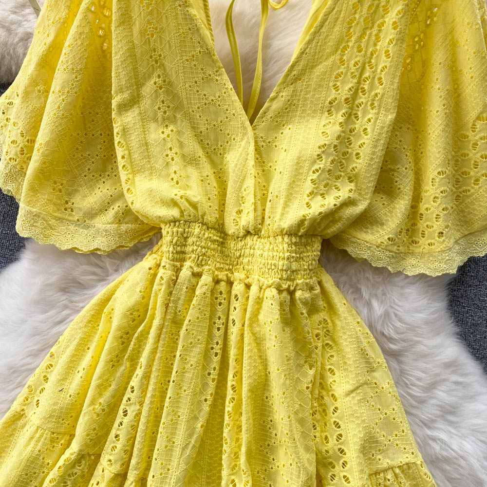 Cut-out Hollowed Puff Sleeve Dress