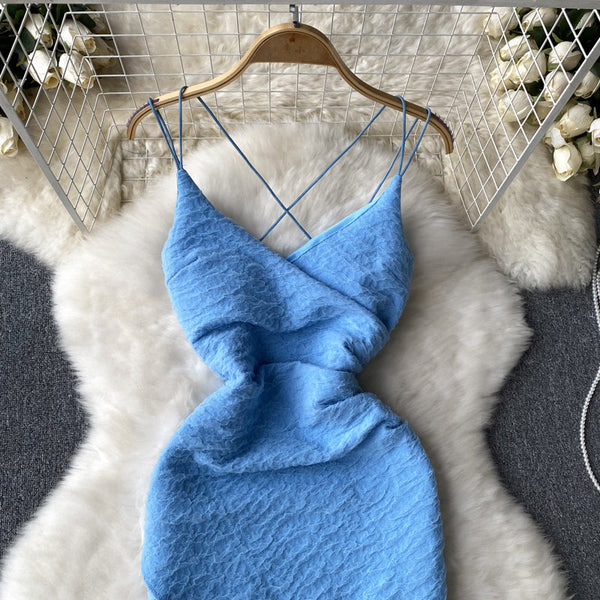Solid Color Backless V-neck Slip Dress