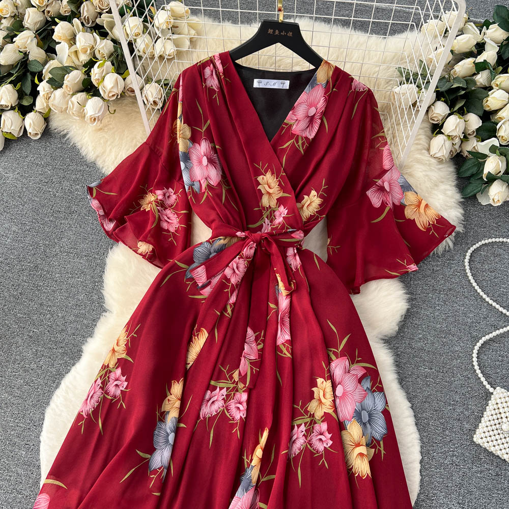 Flared Sleeve V-neck Floral Dress