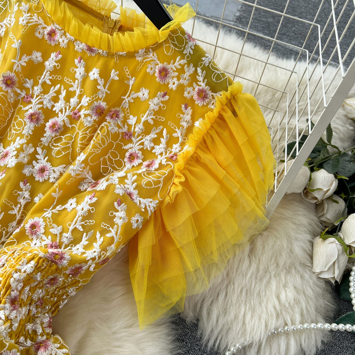 Lace Patchwork Mesh Floral Puffy Dress