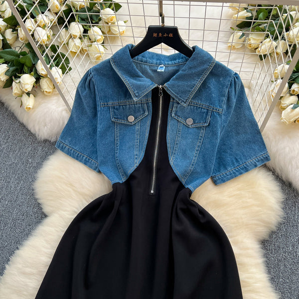 Faux Two-pieces Denim Patchwork Dress