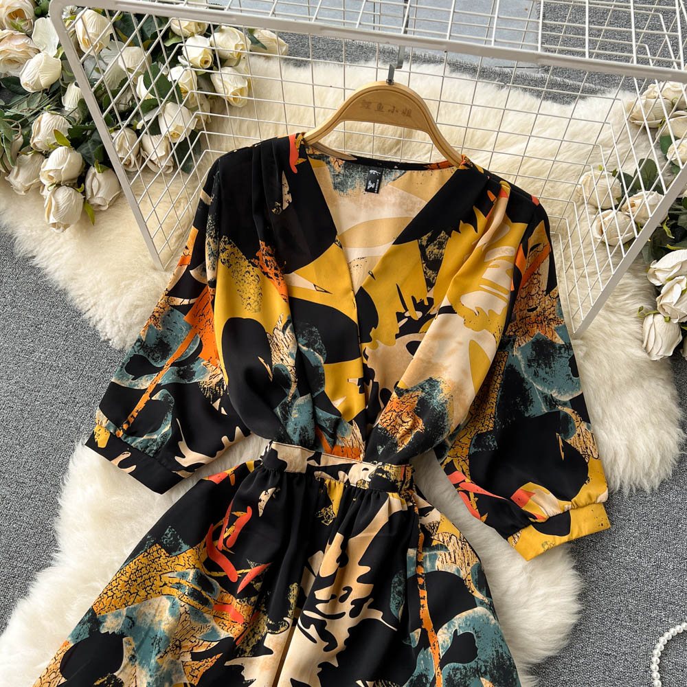French Style Floral Printed Chiffon Dress