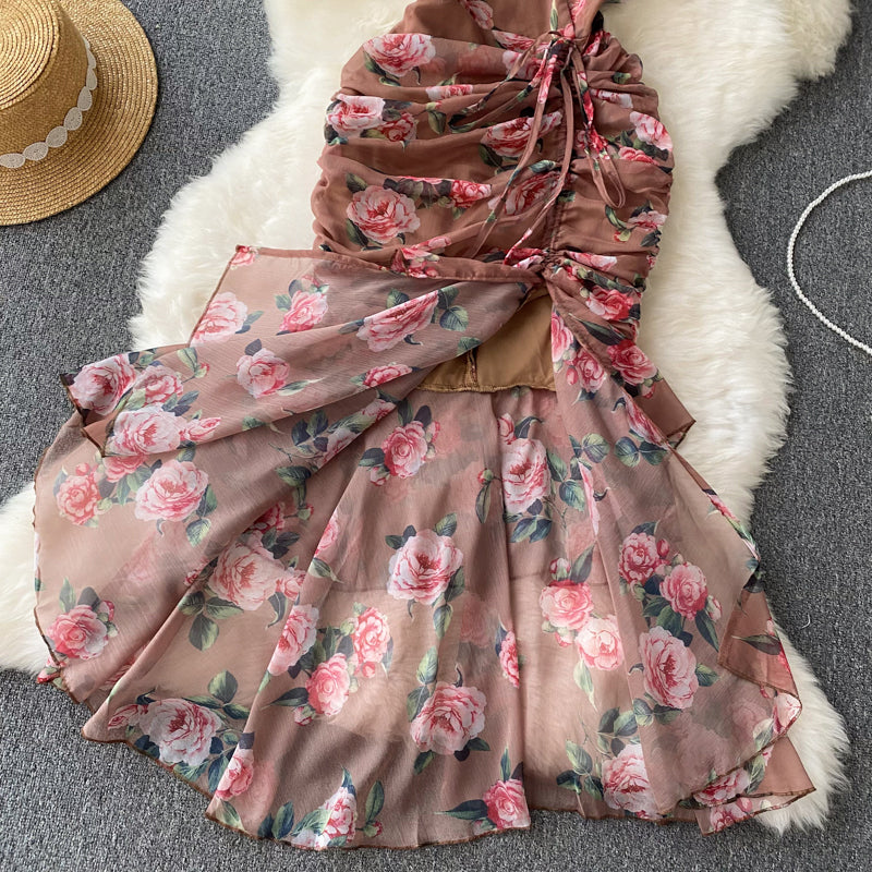 French Style Drawstring Floral V-neck Dress
