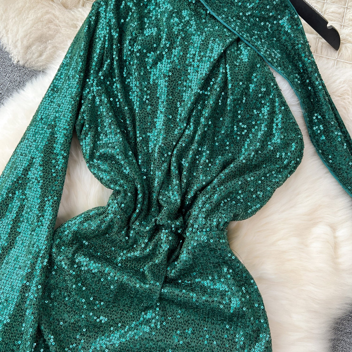 Glossy One-shoulder Sequined Halter Dress