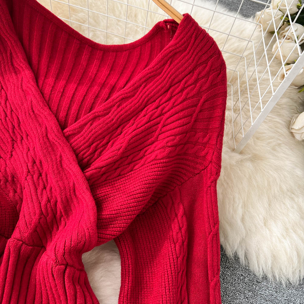 Vintage V-neck Waist-slimming Knitted Dress