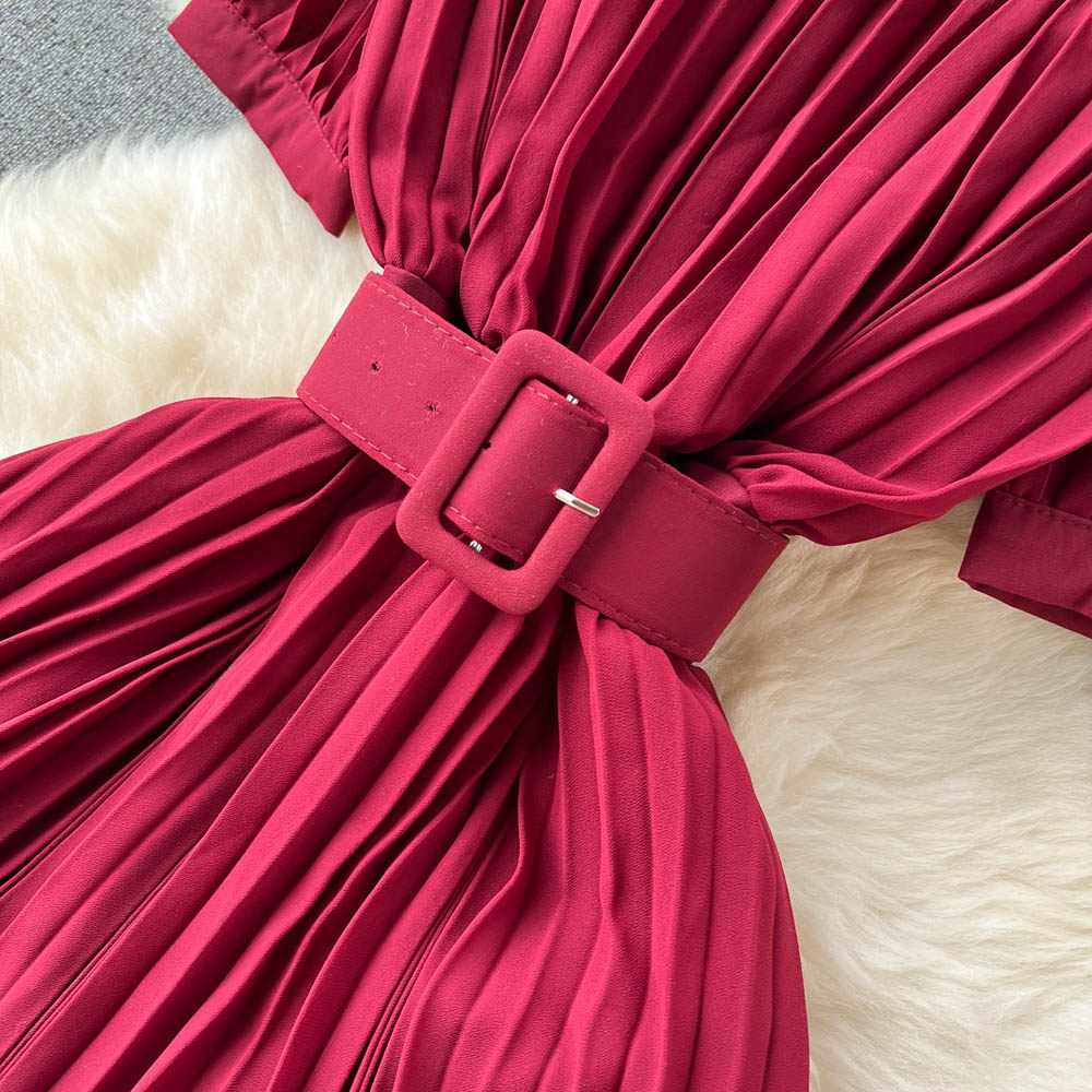 High Waist Tied Chiffon Pleated Dress