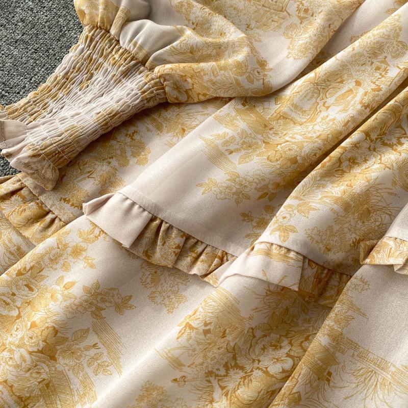 High-end Square Collar Lace-up Floral Dress