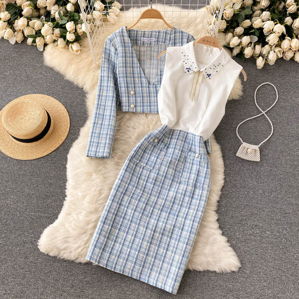 Plaid Beaded Cardigan&Tweed Dress 2PCs