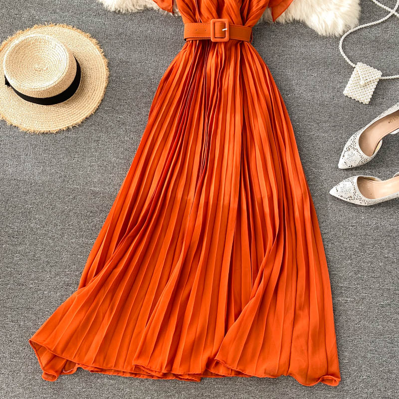 Solid Color Pleated Chiffon Dress